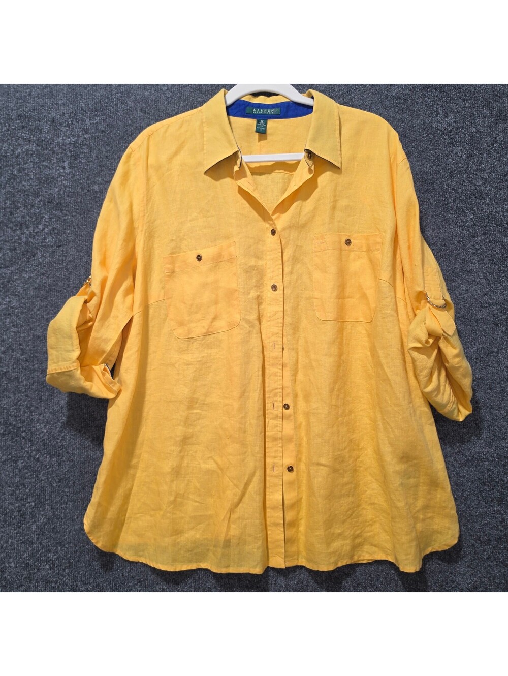 RL52. Lauren Ralph Lauren Yellow Linen Utility Shirt 2X Roll Tab Gold Hardware